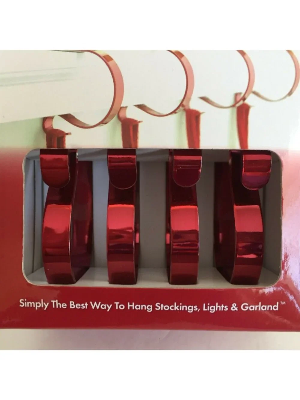 The Original Mantle Clip Set 4 Red Chrome Christmas Stocking Hangers Holders